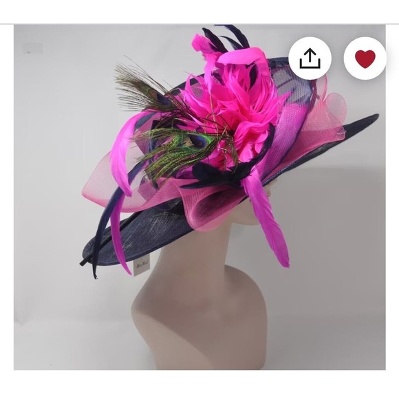 Women’s Kentucky derby tea Party Wide Brim Navy pink Flowers Feathers Hat - Picture 7 of 11